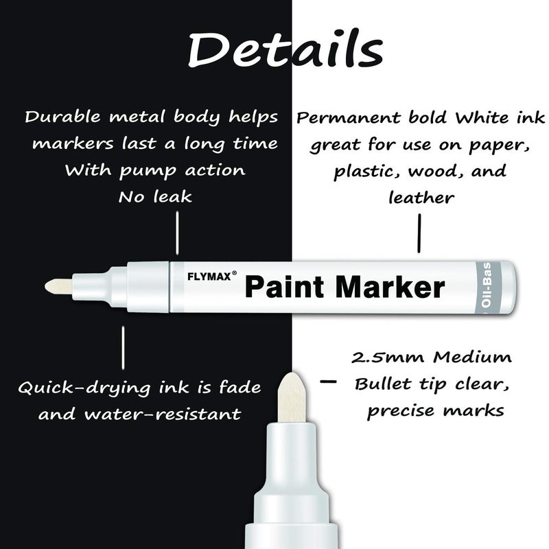 FLYMAX White Paint Pens, 6 Pack 2.5mm Medium Tip White Paint Marker Permanent for Wood Rock Plastic Leather Glass Stone Metal Canvas Ceramic Fabric Tire Paint Marker Oil Based - Image 3